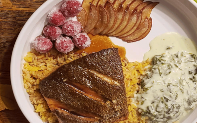 Glazed Salmon with Frosted Berries, Baked Pears & Saffron Rice